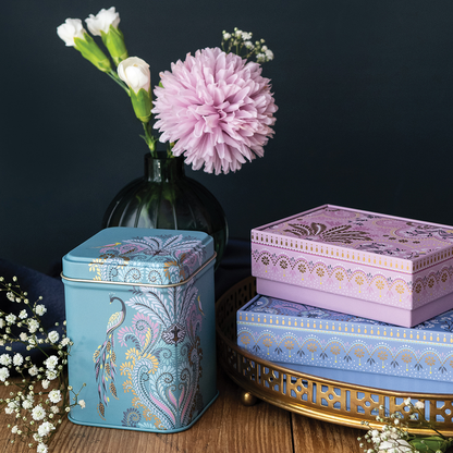 Sara Miller Peacock Filigree 100g Small Square Tin